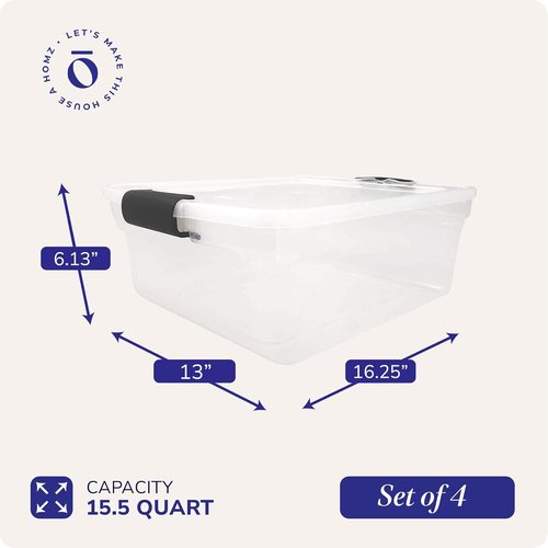 HOMZ 15.5 Quart Clear Plastic Storage Bins - 4-Pack Stackable Organizers for Home & Office
