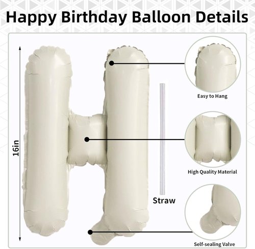 Happy Birthday Balloon Banner by Cream - Neutral Beige Foil Balloons | 16 Inch Ivory White Bunting for Party Decor
