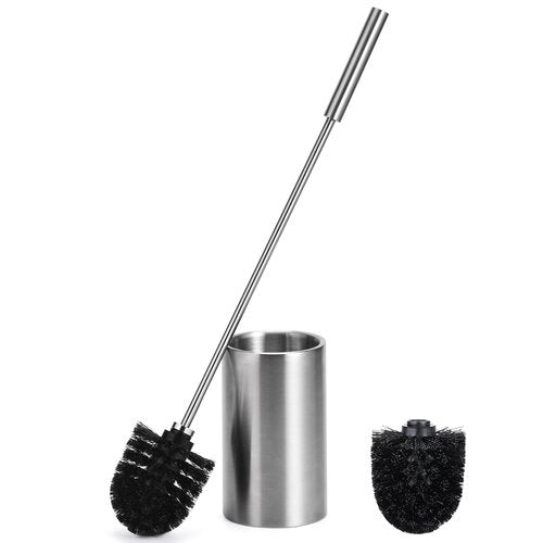 TUUGOTOUU Toilet Bowl Brush and Holder Solid Long Handle Toilet Brush for Bathroom with Heavy Duty 304 Stainless Steel Base and 2 Brush Heads for Domestic Deep Cleaning Under Rims (Silver 1)