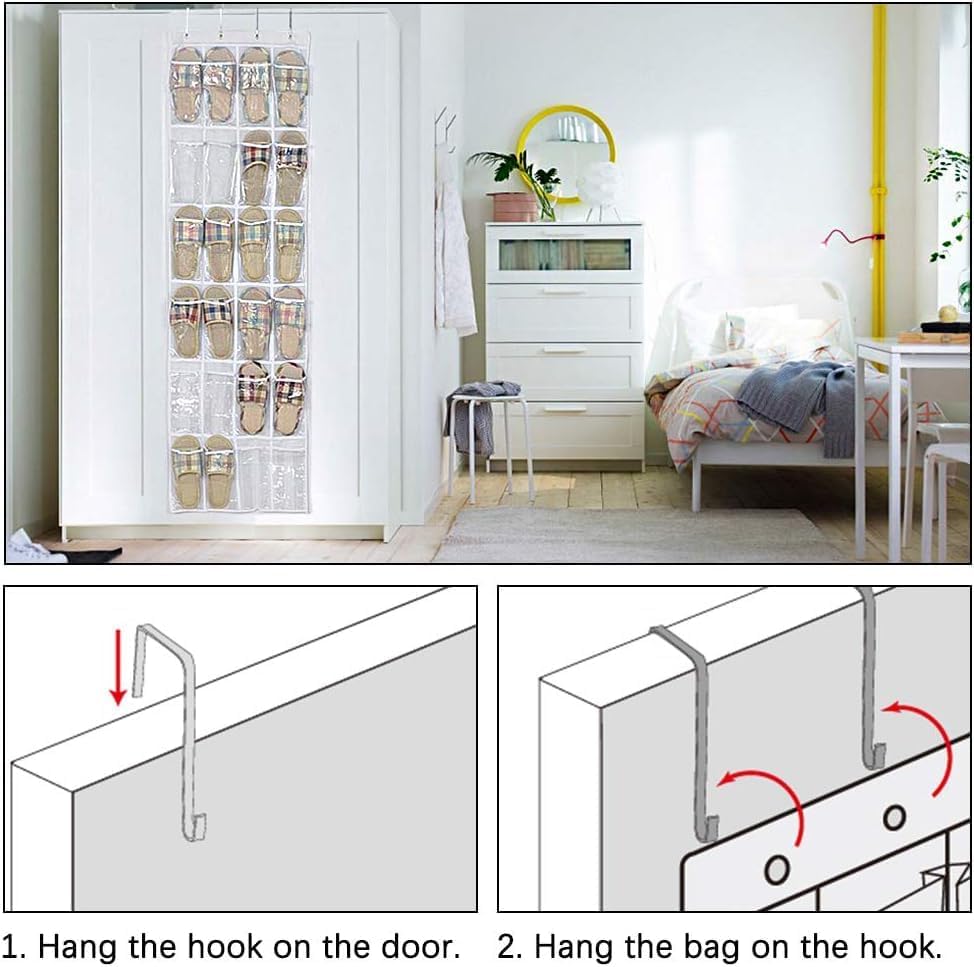 Skiennix Over The Door Shoe Organizer - 24 Pocket Folding Hanging Rack with Hooks | Heavy-Duty Mesh Holder