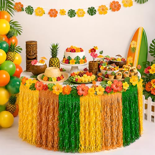 OHOME Tropical Luau Party Table Skirt 2-Pack Hawaiian Decorations