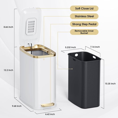CEROELDA Stainless Steel Small Bathroom Trash Can with Lid - Soft Close 5L/1.3 Gal | Slim Design for Office, Bedroom, and More - White