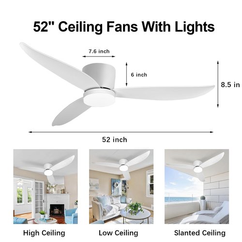 White 52 inch Ceiling Fan with Light and Remote Control, Low Profile Flush Mount Ceiling Fan with Lights, 3 Blade Dimmable LED Light for Bedroom Living Room Indoor, 6 Speeds DC Reversible Fans