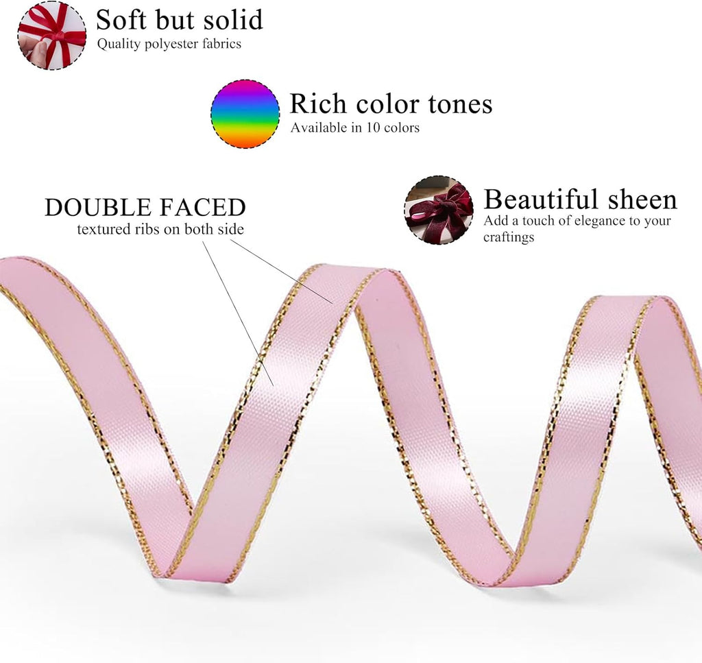 Skiennix Light Pink Satin Ribbon - Gold Edges for Spring Gift Wrapping & DIY Crafts | 25 Yds x 3/8 in