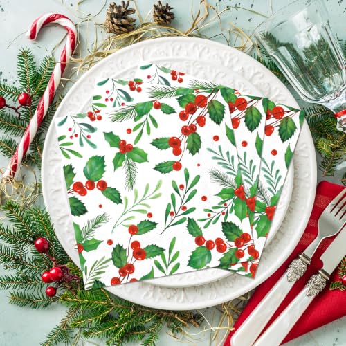 Christmas Holly Berry Paper Napkins - Red Green 50Pcs 6.5 x 6.5 Inch Holiday Tableware