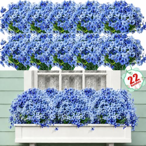 Powbrace 22-Pack Artificial Flowers, UV-Resistant Silk Fake Plants - Blue