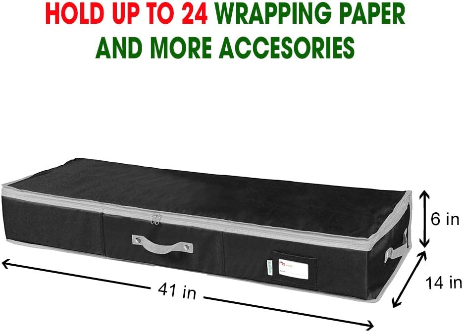 Primode Wrapping Paper Storage Container - Gift Wrap Organizer for Under Bed | 41”x14”x6” | Holds 18-24 Rolls Up to 40” | Durable 600D Oxford Material | Pockets for Ribbons and Bows (Black)
