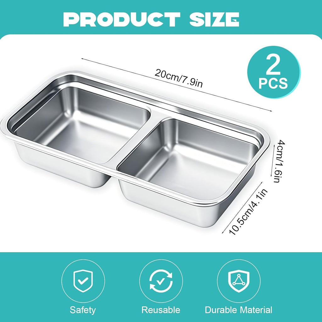 BSTUR 2Pcs 304 Stainless Steel Bento Boxes, 2 Compartments Portable Food Storage Containers Snack Boxes with Lids, Divided Meal Prep Lunch Box Food Container Dishwasher Safe