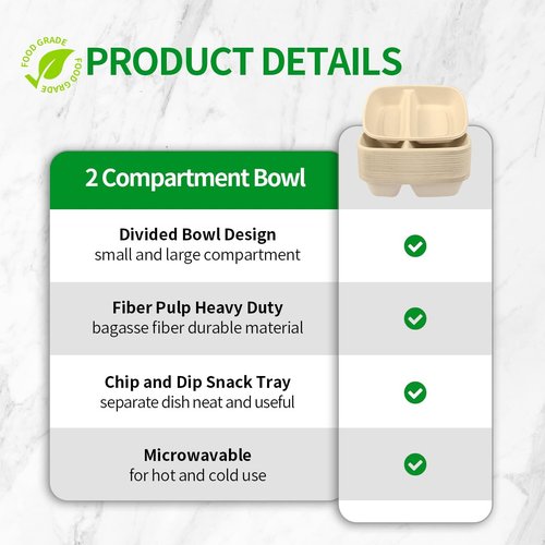 bloomoon 100 Pack 2-Compartment Paper Bowls, Divided Disposable Bowls for Chip and Dip, 2 Compartment Snack Serving Bowls for Chip and Salsa, Snack Bar Party Supplies