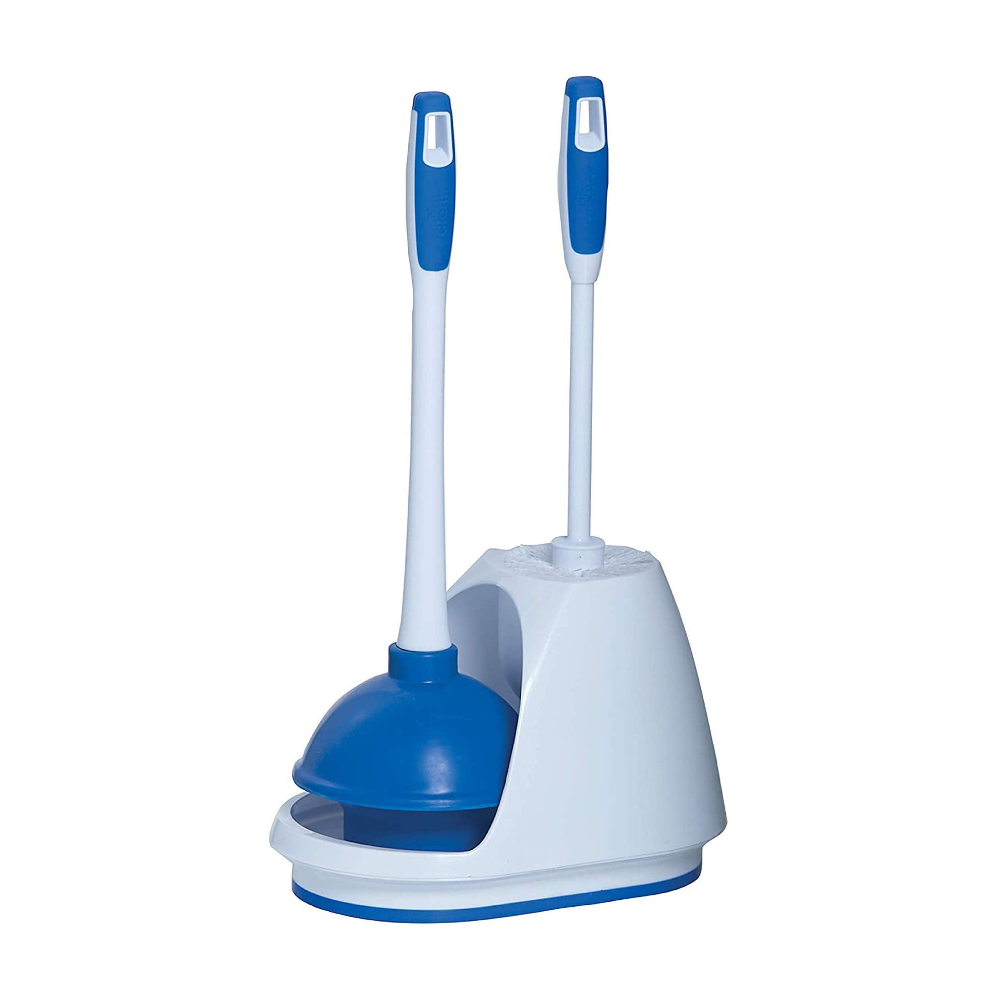 Mr. Clean Toilet Plunger and Bowl Brush Combo with Caddy, 3-Piece Heavy-Duty Plunger, Toilet Brush, and Caddy Set, White/Blue