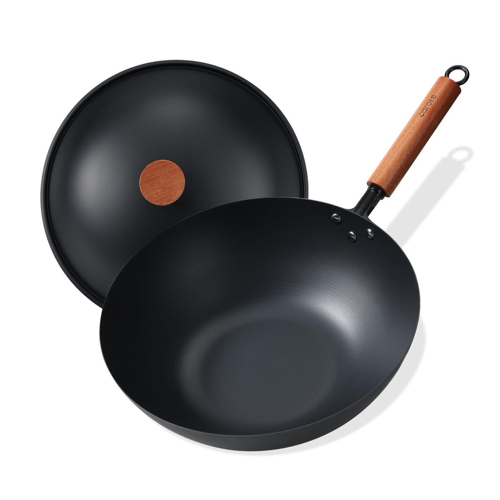 CAROTE 12.5" Carbon Steel Wok Pan, 6.5QT Woks & Stir-fry Pans Nonstick, No Chemical Coated Pre-Seasoned Flat Bottom Wok with Lid for Stir Fry, Chinese Cast Iron Wok Cooking Pan All Stovetop Compatible