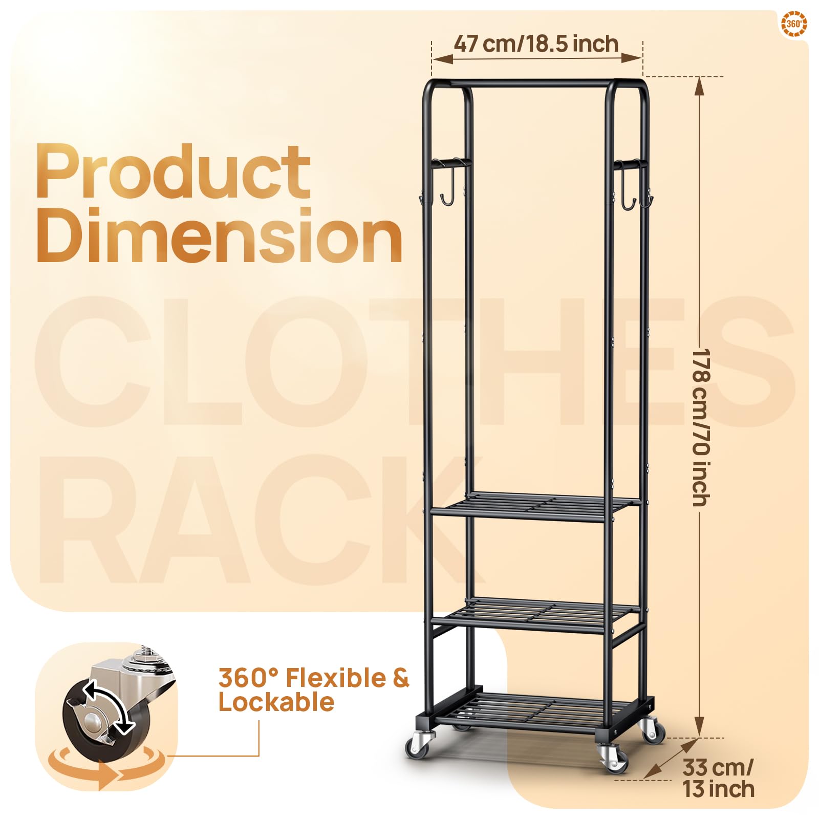 ZHKINGGS Clothes Rack with Wheels, Freestanding Garment Rack with 3 Metal Shelves for Hanging Clothes, Portable Hanging Rod for Small Room, Bedroom, Bathroom (Black)