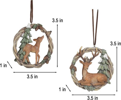 Braxio Christmas Tree Ornaments - Set of 2 Resin Woodland Deer in Wreath | Brown & Sage Green