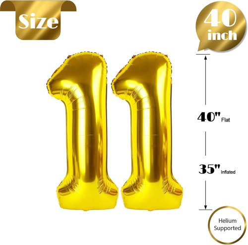 Gold Number 11 Balloon - 40 Inch Giant Foil Balloon for 11th Birthday Party Decorations