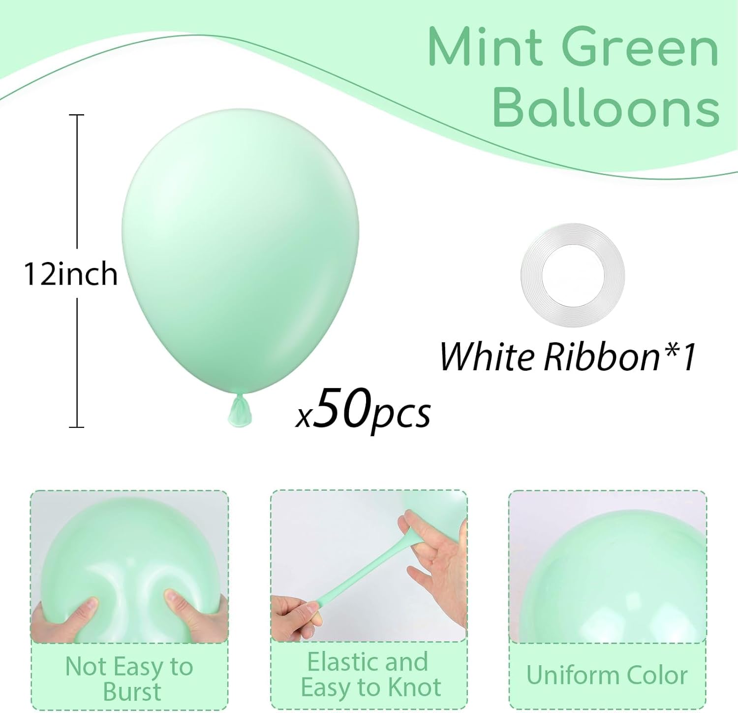 Mint Green Balloons - 12-Inch Latex Balloons | 50-Pack for Wedding, Baby Shower & Birthday Decor