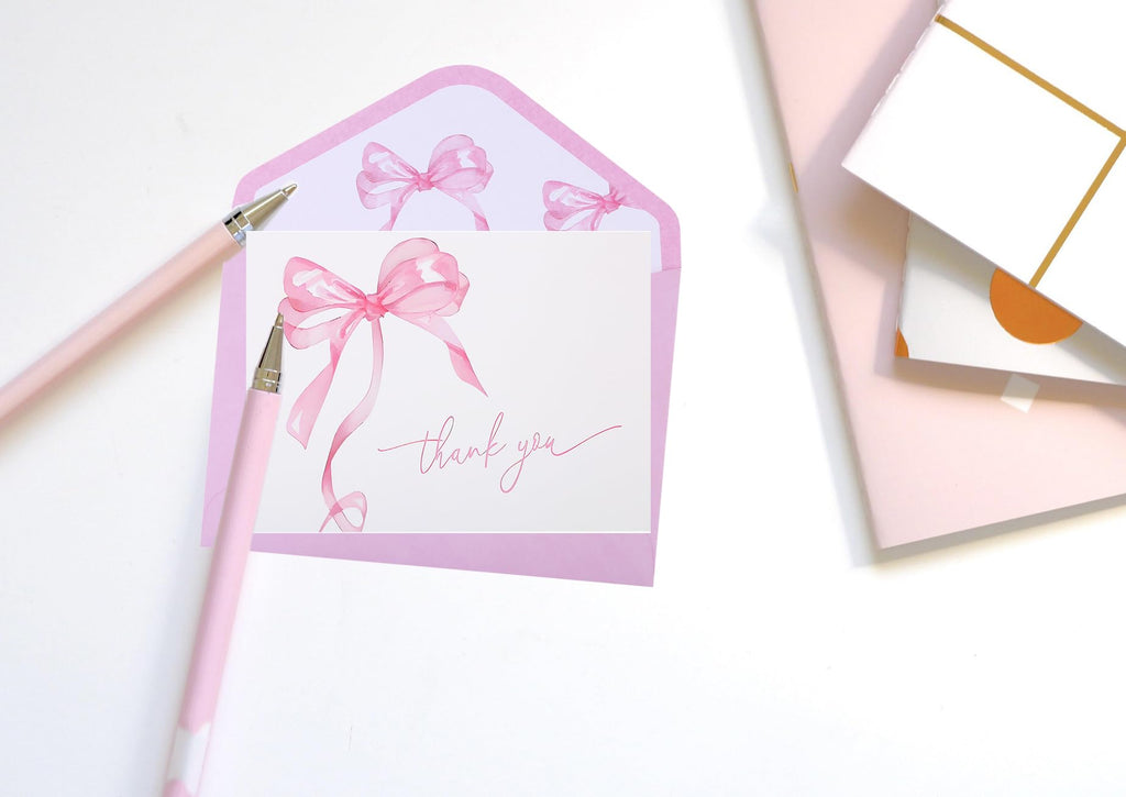 30Pack Pink Bow Thank You Cards with Envelopes Stickers Bow Blank Note Card Watercolor Greeting Card for Wedding Party Birthday Supplies (Pink)