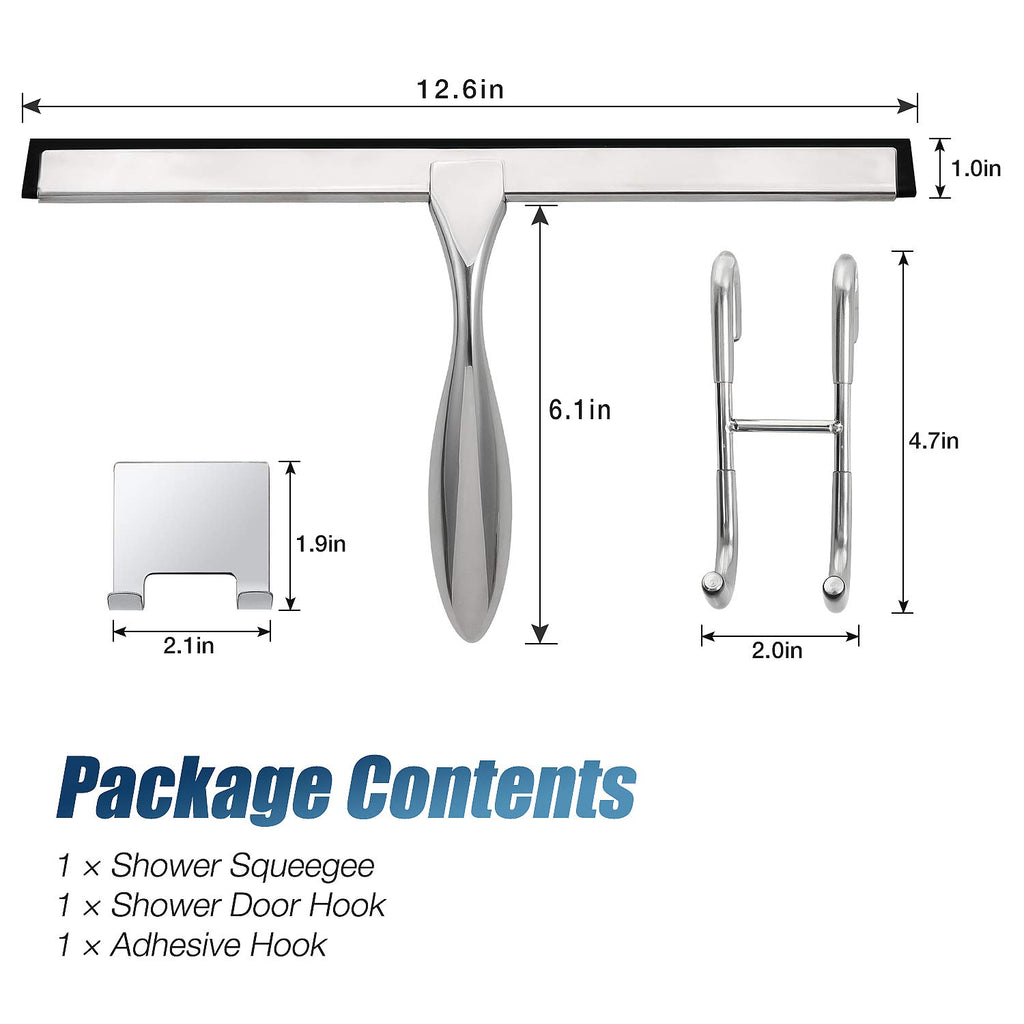 Simtive 12-Inch Shower Squeegee Set, Includes Shower Door Hook and Adhesive Hook, Squeegee for Shower Doors, Mirror and Window, Silver