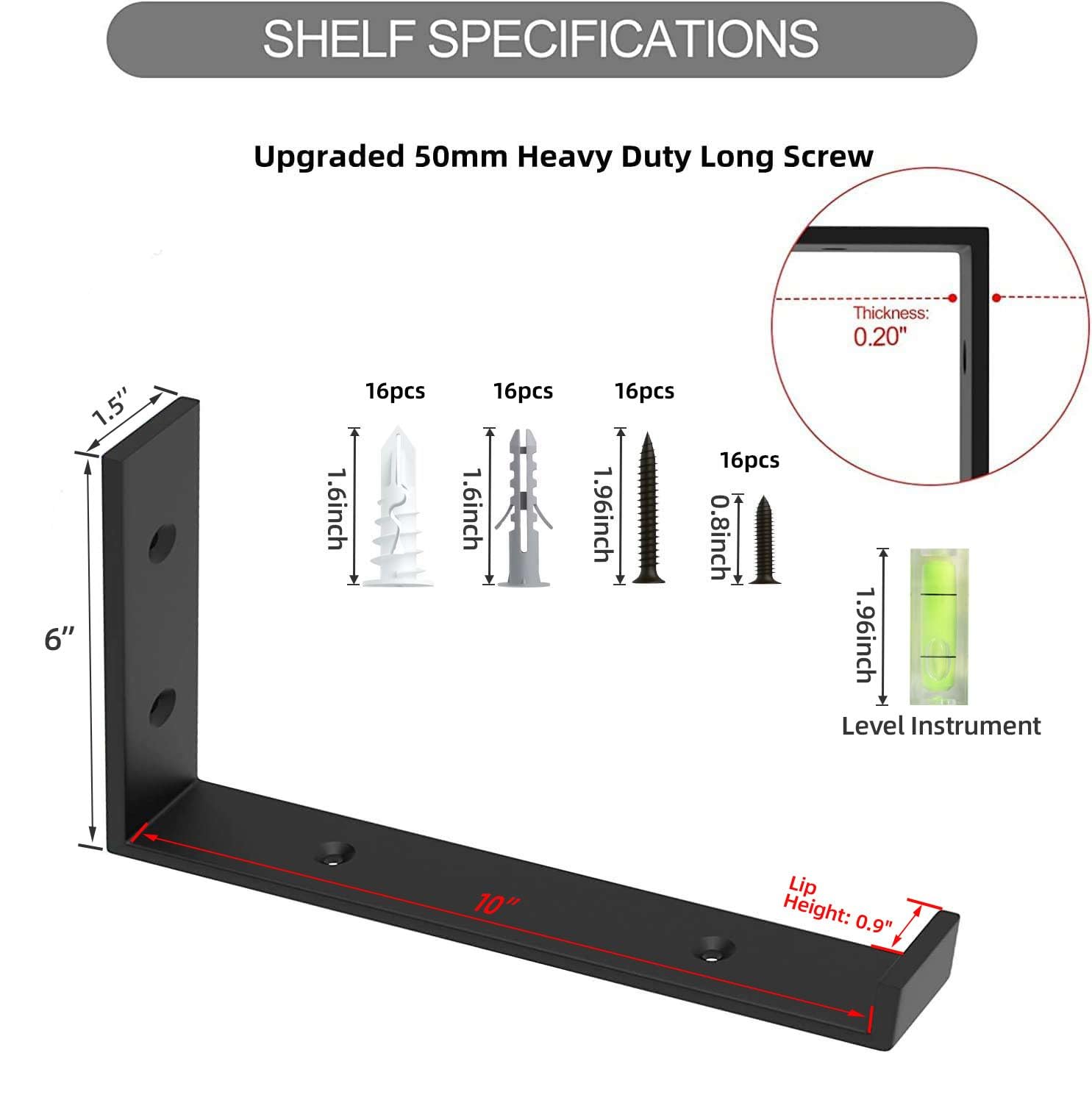 Shelf Bracket, Heavy Duty Floating Shelf Brackets 10-Inch Long, 8-Pack Brackets for Shelves, Black Coated J Shape Metal Wall Shelf Support Brackets with 1/5-Inch Thick and 160 lb. Load Capacity