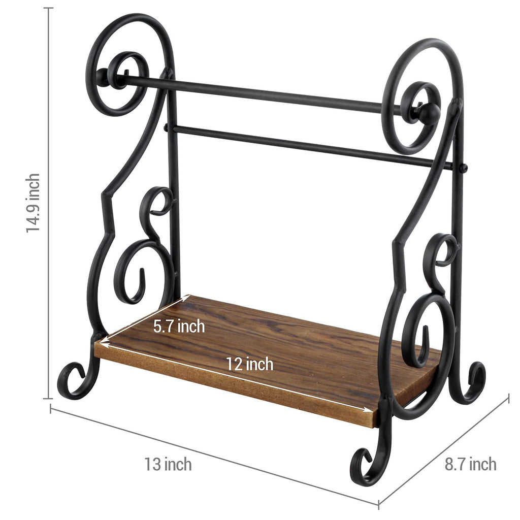 MyGift Black Metal Countertop Paper Towel Holder with Rustic Solid Burnt Wood Storage Shelf and Scrollwork Design, Easy Refill Single Roll Holder