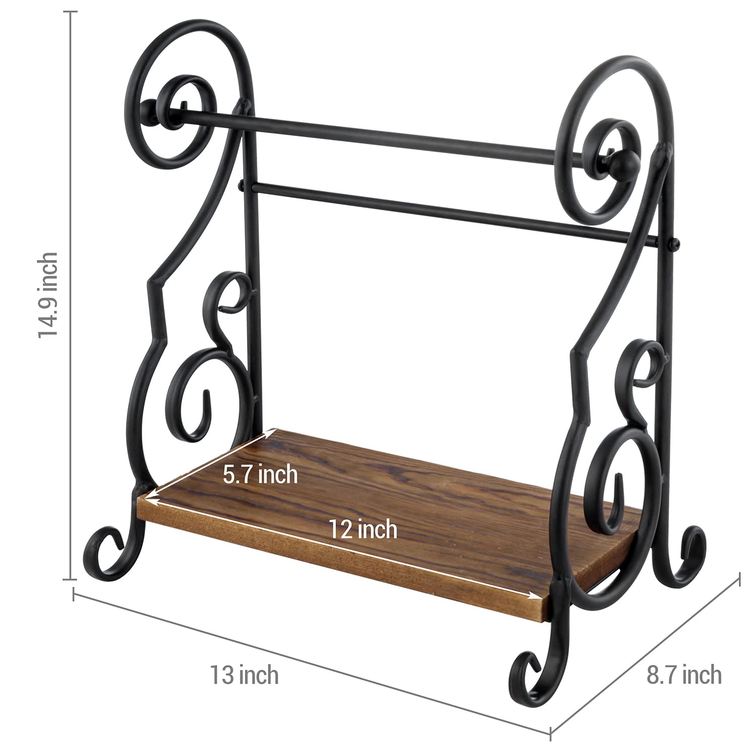 MyGift Black Metal Countertop Paper Towel Holder with Rustic Solid Burnt Wood Storage Shelf and Scrollwork Design, Easy Refill Single Roll Holder