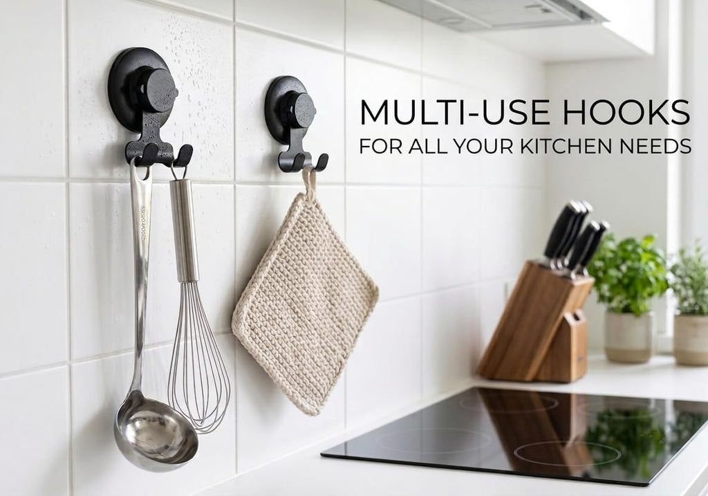 Suction Cup Hooks Razor Holder Powerful Vacuum Organizer for Towel, Razor, Coat, Bathrobe and Loofah 304 Stainless Steel Removable Hooks for Bathroom & Kitchen, Towel Hanger Storage (Black)