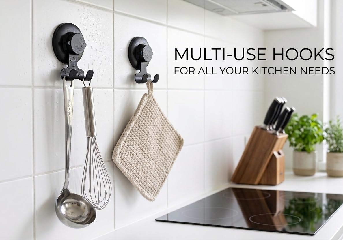 Suction Cup Hooks Razor Holder Powerful Vacuum Organizer for Towel, Razor, Coat, Bathrobe and Loofah 304 Stainless Steel Removable Hooks for Bathroom & Kitchen, Towel Hanger Storage (Black)