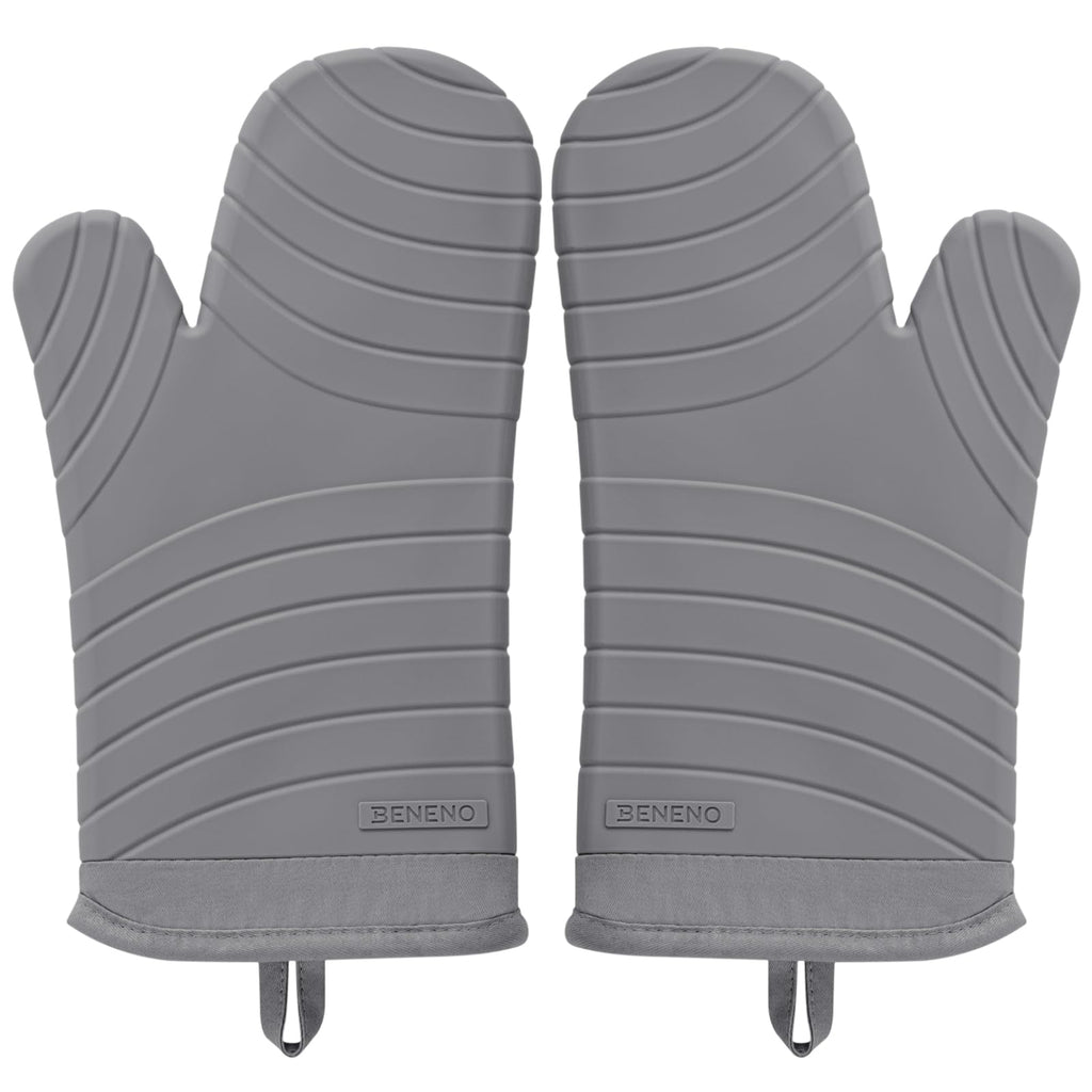 Beneno BPA-Free Silicone Oven Mitt 2-Pack Set, Heat Resistant 500°F Oven Mitts with Non-Slip Grip, Soft Thicker Lining, 7"x13", Gray