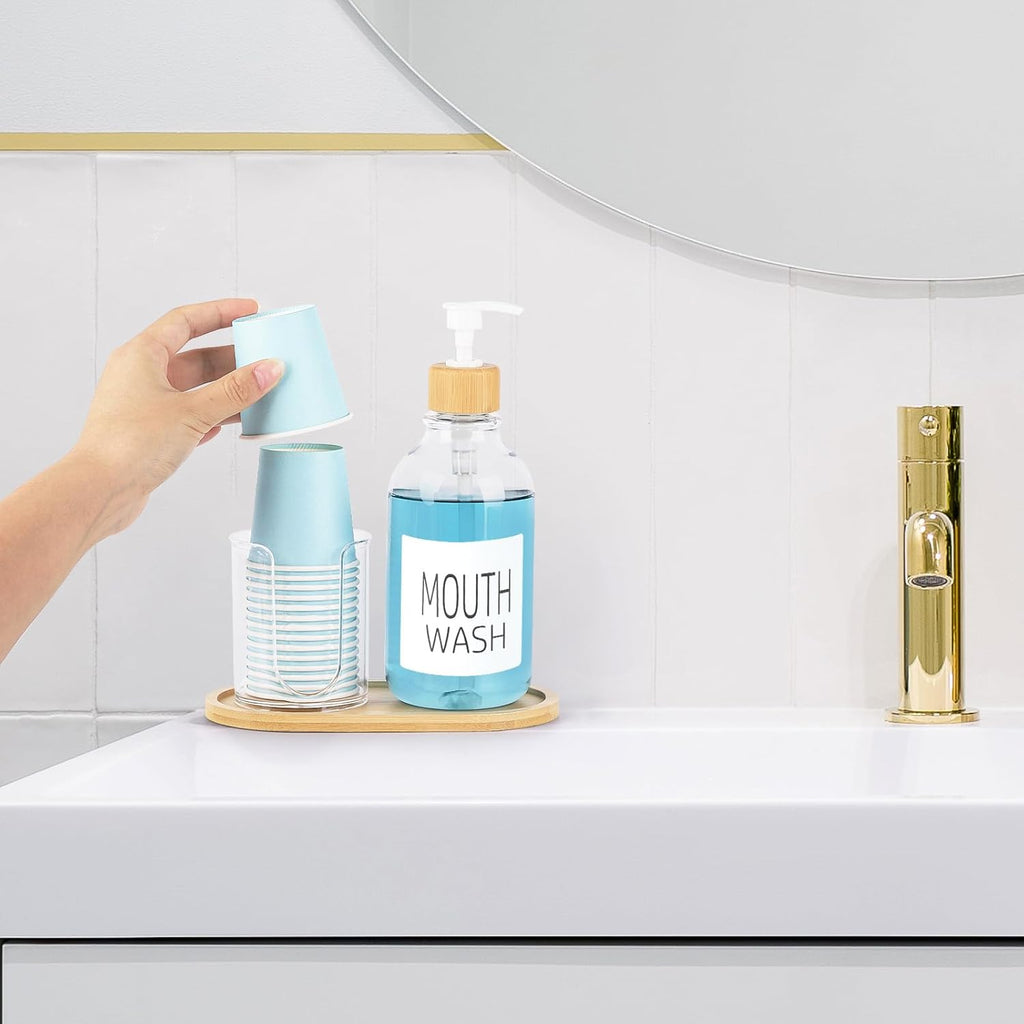 Regine Switzerland Mouthwash Dispenser - 17oz Refillable Clear Pump Bottle with Tray for Bathroom Organization
