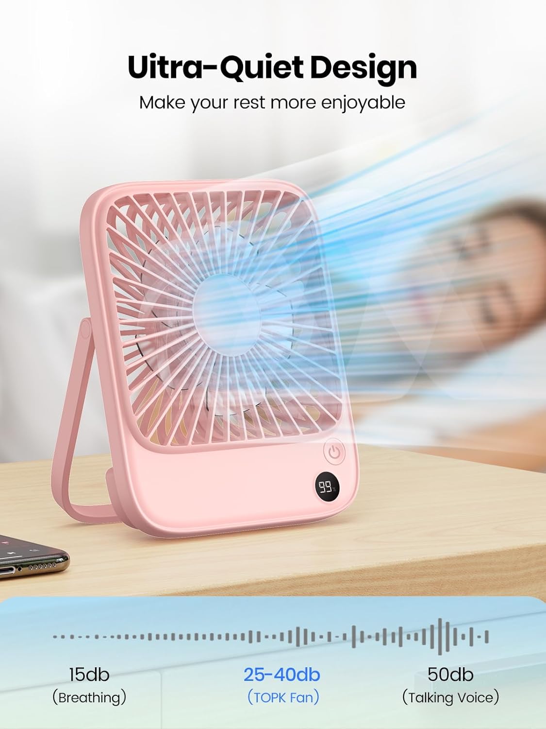 TOPK 5000mAh Portable Desk Fan - Ultra-Thin Rechargeable, Quiet 4-Speed Personal Fan | Ideal for Office & Travel