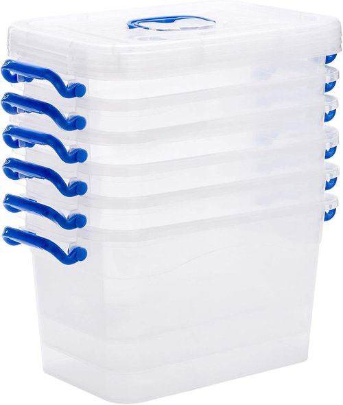 Clear Storage Box 6-Pack | 7 Quart Plastic Latch Bins with Handle - 6.5 Liter Capacity