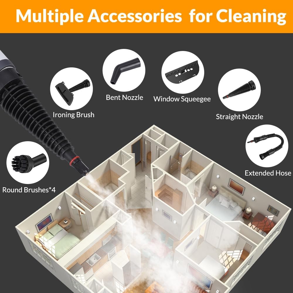 Skiennix Handheld Steam Cleaner - 12-Piece Accessory Set for Home, Car, and Upholstery - Deep Gray
