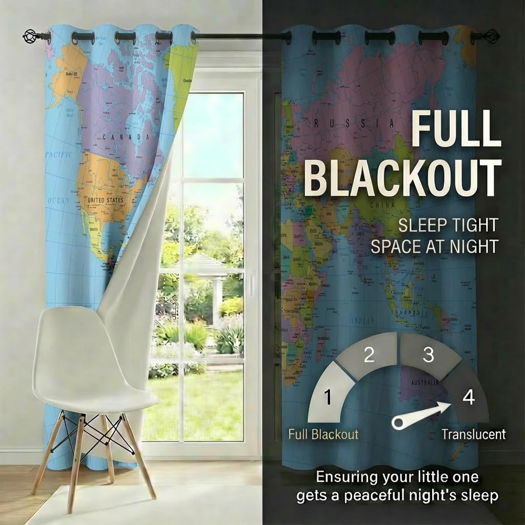 terxgrl World Map Blackout Curtains for Girls Boy Home Decor, Geography Educational Tourist Map Grommet Thermal Insulated Drapes Darkening Window Curtain for Bedroom Living Room, 42 x 45 Inch