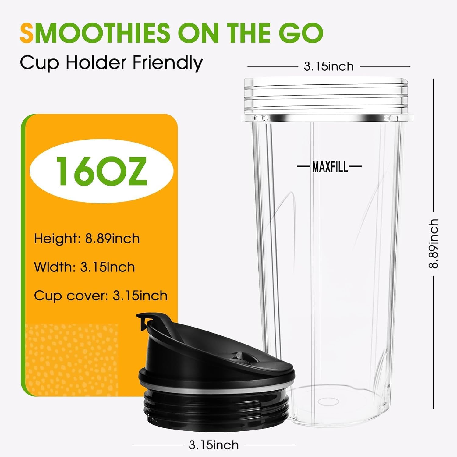 Ninja Blender Cups - 3 Pack Replacement 16oz Cups with Lids | Compatible with QB3001SS, BL770, BL780, BL660, BL740, BL810