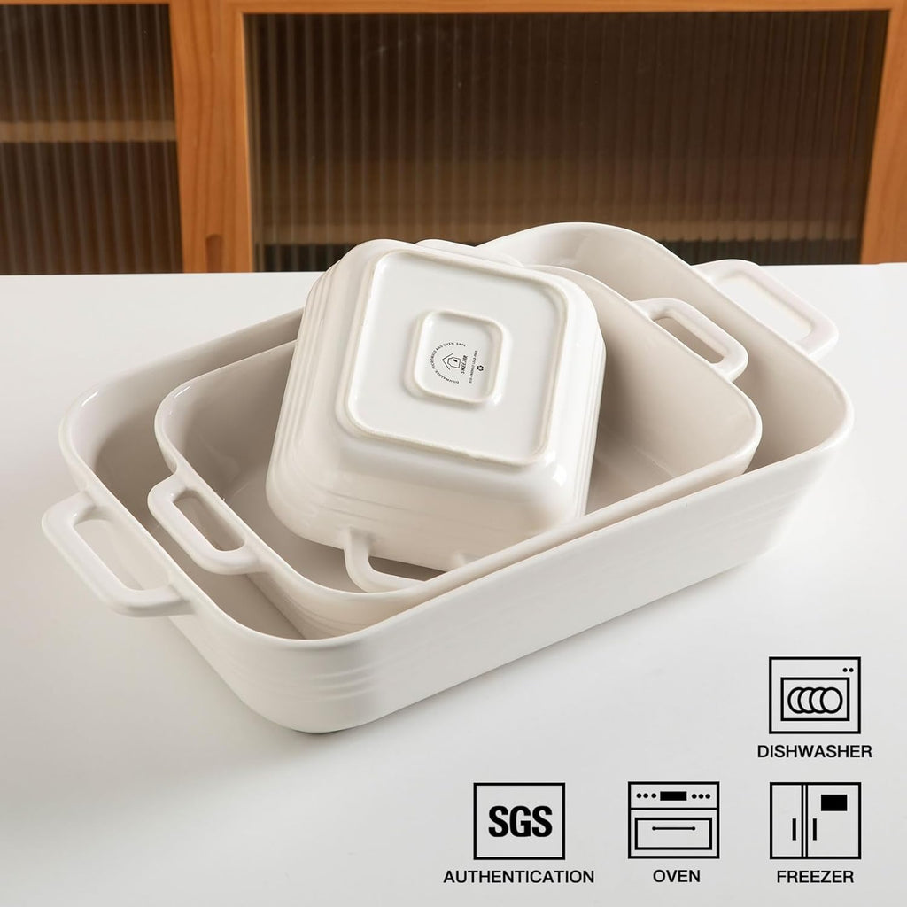 Sweejar Casserole Dishes - Ceramic 9x13 Baking Pans Set for Cooking & Daily Use | White Porcelain Lasagna Pan with Handles