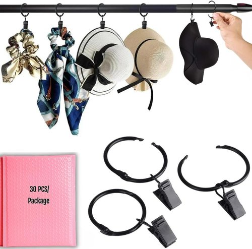 Clip Stainless Steel Openable Circle Hooks - 30 Pack Curtain Clips for Hanging Lights & Decorations | 1.5 Inch Black