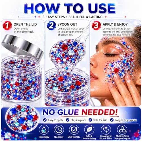 Red White and Blue Body & Face Glitter Gel - 50g Holographic