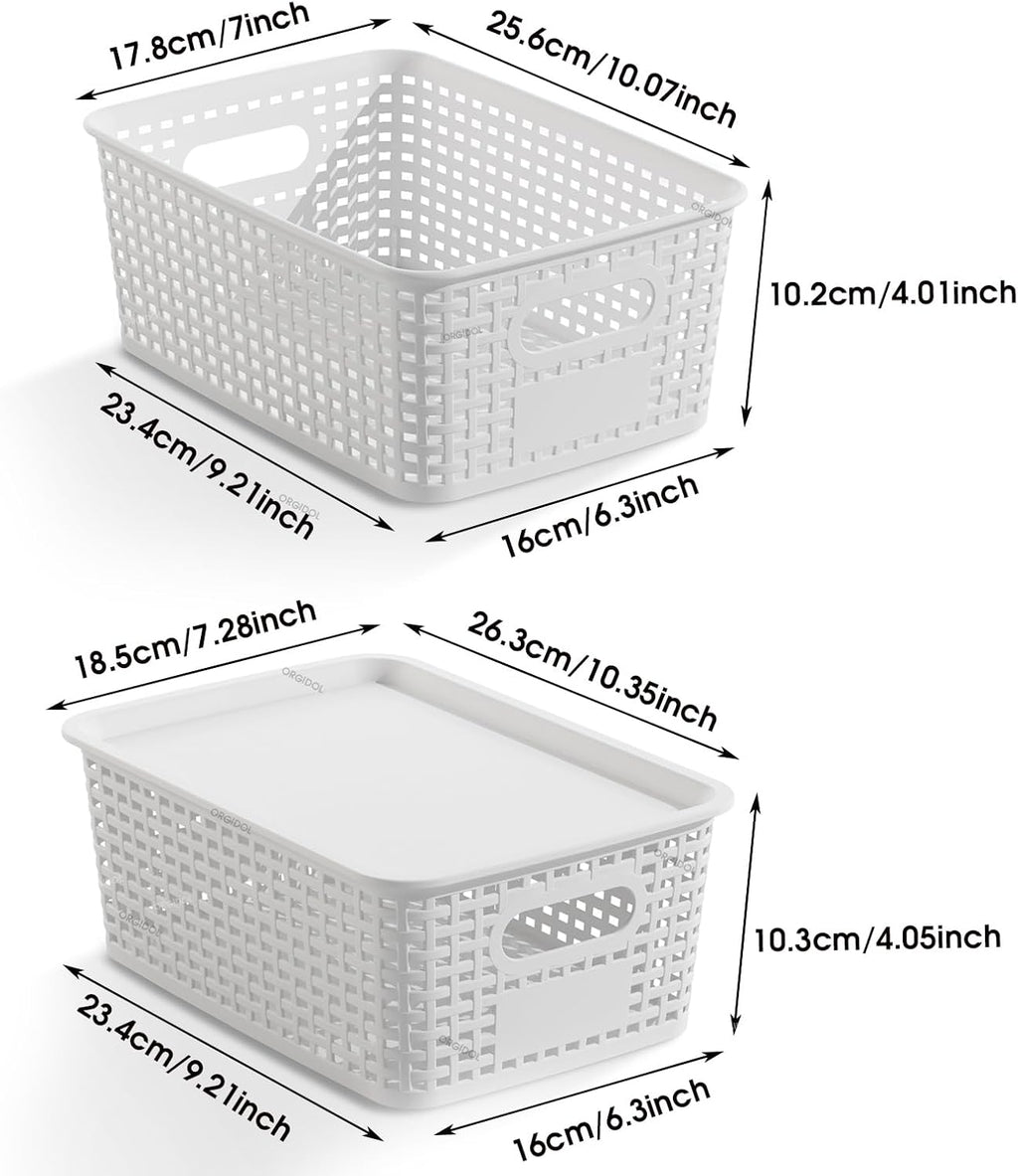 ORGIDOL Plastic Storage Baskets - 10 Pack Stackable Bins with Lids for Organizing | White