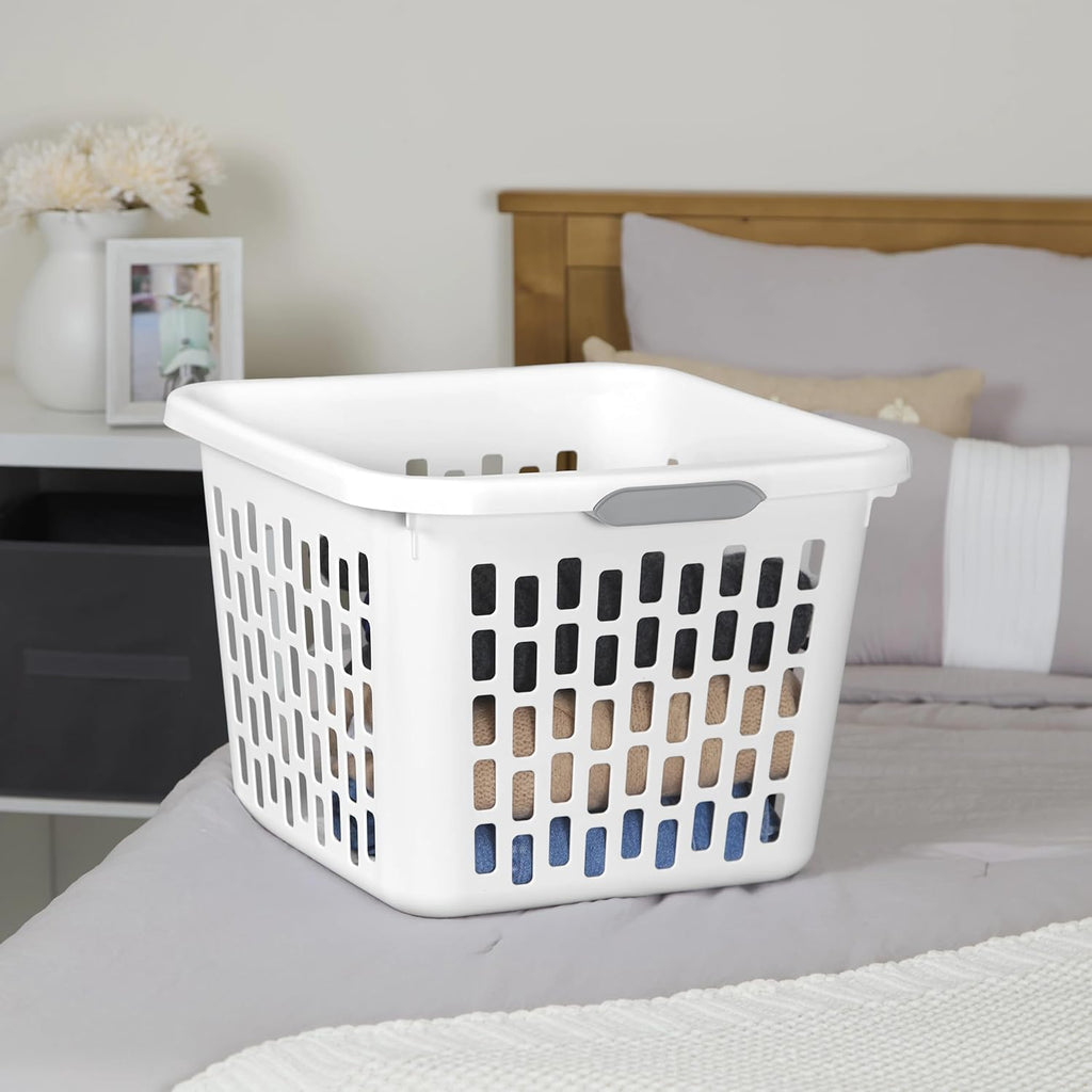 Square Plastic Laundry Basket by [Brand Name] - 1.5 Bushel, BPA-Free, Sturdy & Stackable, White with 2 Comfort Grip Handles