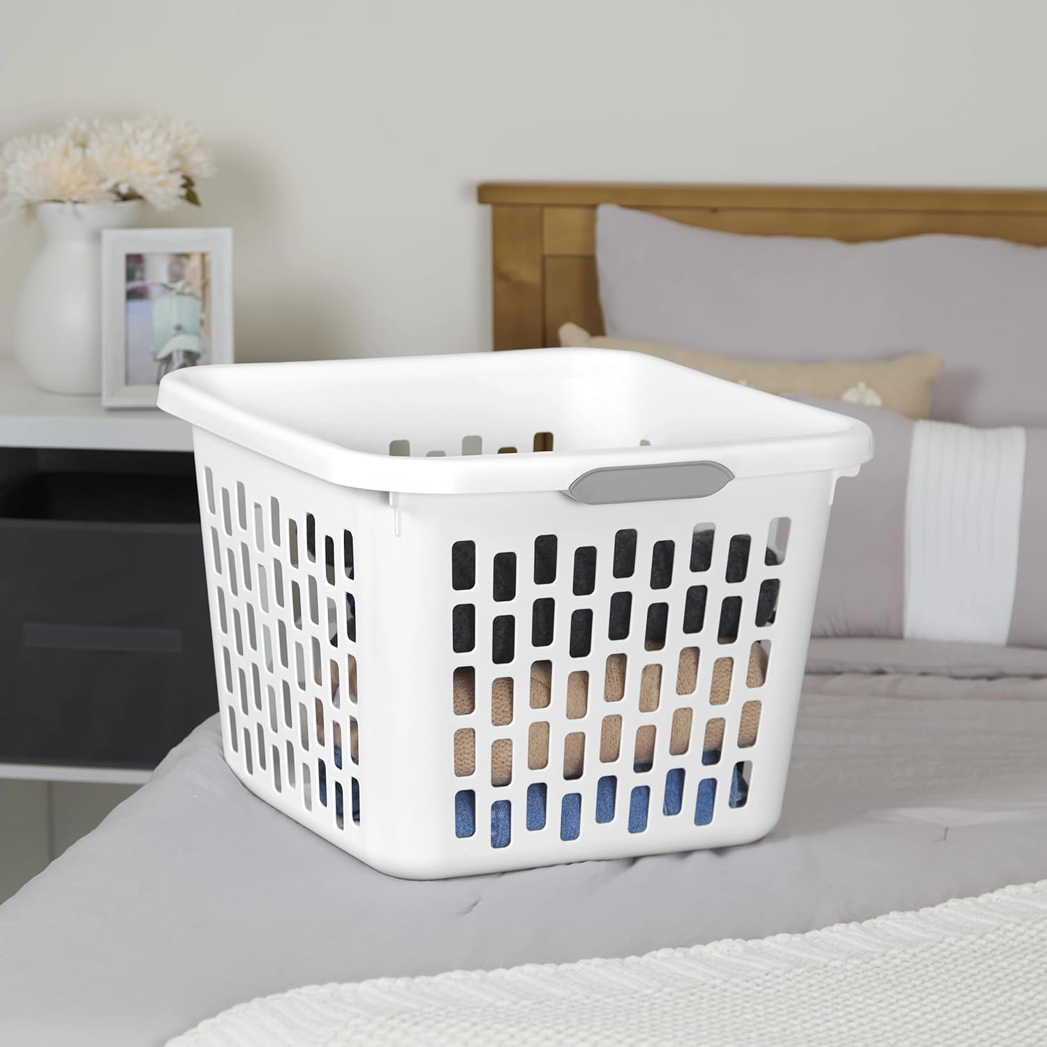 Square Plastic Laundry Basket by [Brand Name] - 1.5 Bushel, BPA-Free, Sturdy & Stackable, White with 2 Comfort Grip Handles
