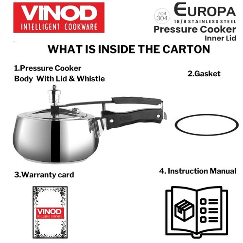 Vinod Europa Stainless Steel Inner Lid Pressure Cooker - 3 Litre | Handi Shape | Sandwich Bottom Cooker | Induction and Gas Base | ISI and CE certified