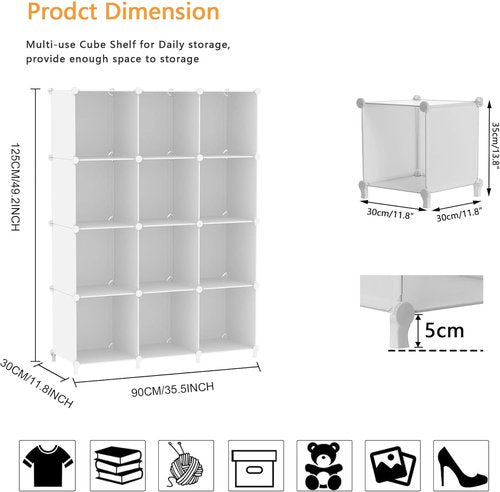 AWTATOS Cube Storage Organizer - 12 Cube Bookshelf with Stackable Design for Home & Bedroom - White
