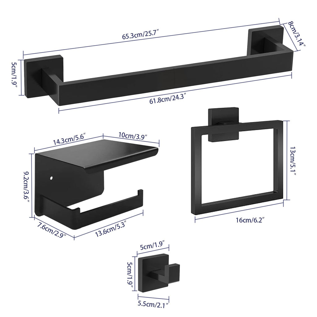 24 Inch Bathroom Hardware Set, 5-Pieces Matte Black Bathroom Accessories Set, Stainless Steel Towel Rack Set, Towel Bar, Towel Hooks, Updated Toilet Paper Holder with Shelf Wall Mounted