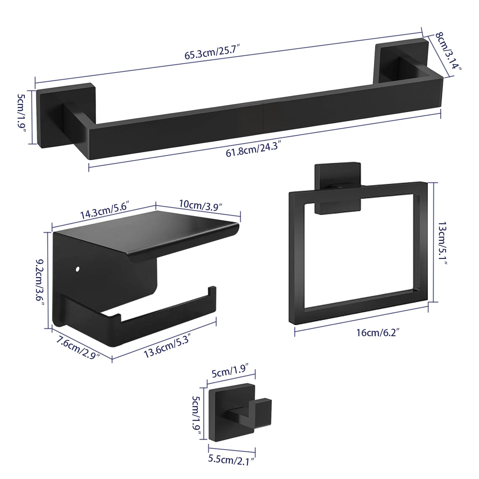 24 Inch Bathroom Hardware Set, 5-Pieces Matte Black Bathroom Accessories Set, Stainless Steel Towel Rack Set, Towel Bar, Towel Hooks, Updated Toilet Paper Holder with Shelf Wall Mounted