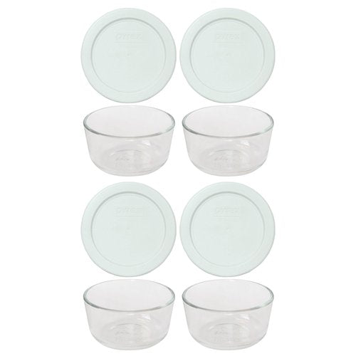Pyrex 7202 1-Cup Glass Bowls & 7202-PC White Lids (4-Pack) - Made in USA
