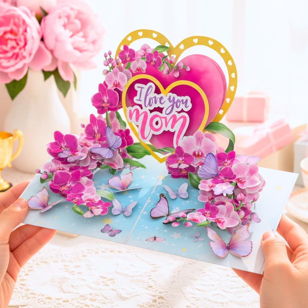 Regine Switzerland 3D Pop-Up Mother's Day Card - "I Love You Mom" Orchid Design | Premium Greeting Card with Envelope
