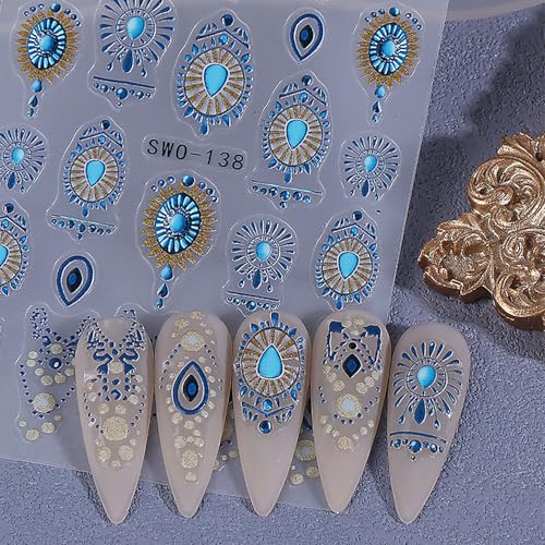 Bohemian 3D Self-Adhesive Nail Decals Retro Blue Boho Nail Art Stickers - 2Pcs