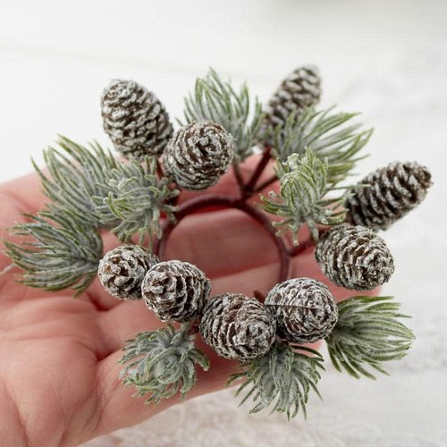 Artificial Pine & Pinecone Candle Rings - Set of 6 Faux Snowy Pine Decor for Holiday Tables