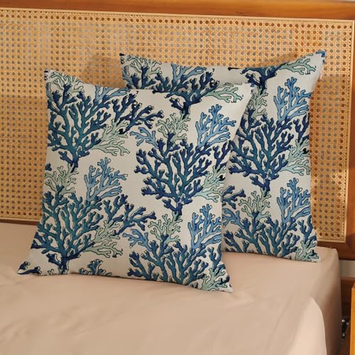 AGAYNA Navy Blue Coral Coastal Throw Pillow Covers 18x18 Set of 2