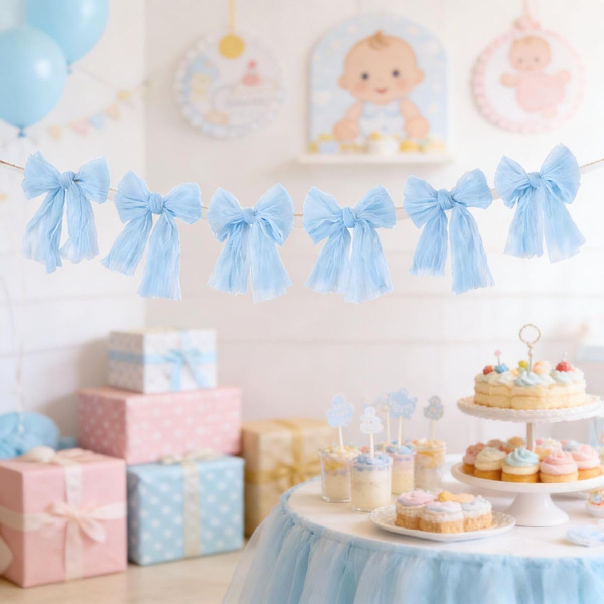 MLMC Baby Blue Bow Garland - Handmade Cheesecloth Wreath for Baby Shower & Birthday Decor