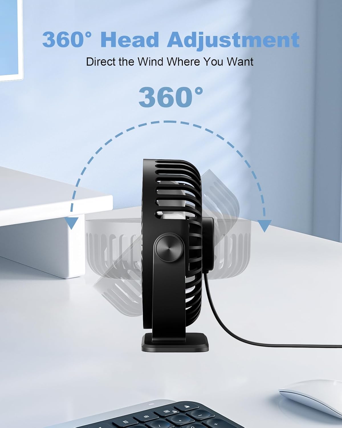 TriPole USB Powered Desk Fan - Portable Mini Fan with 3 Adjustable Speeds & 360° Rotation | Quiet Design for Home & Office - Black, 4.9ft Cable